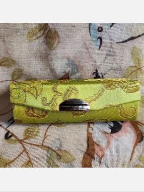 Chartreuse Silk Brocade Red Lined Mirrored Lipstick Chap Stick Case Holder